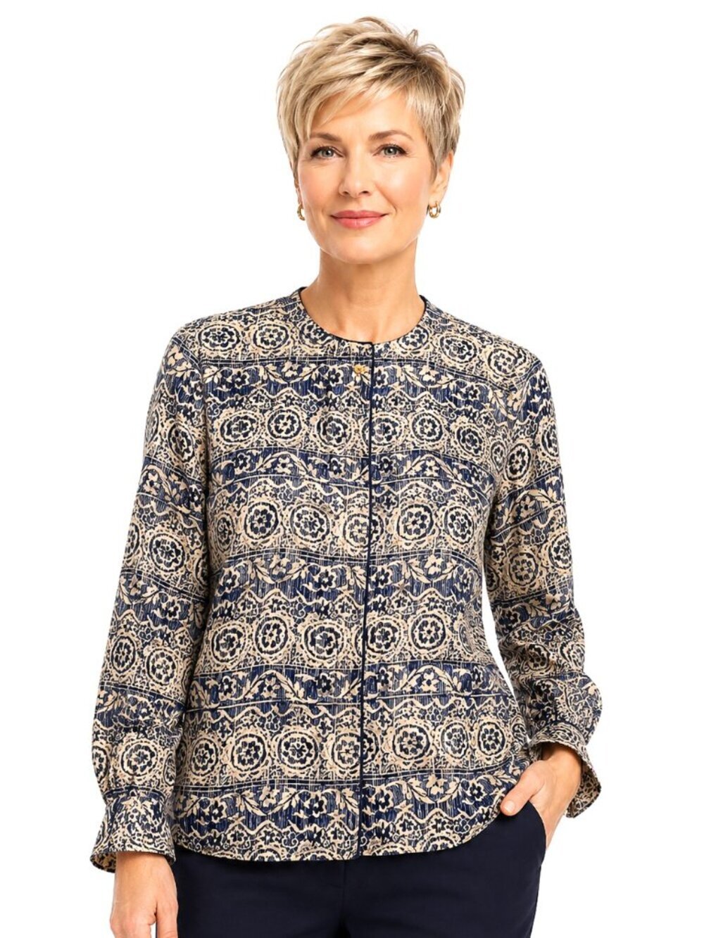 Vintage Maggy London Navy Blue Tan Silk Blouse